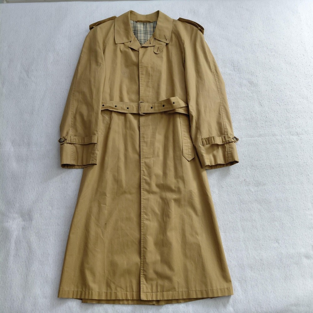 Vintage Bond Street Trench Coat Womens Tan Beige Size 4 Plaid Lining Belted Long